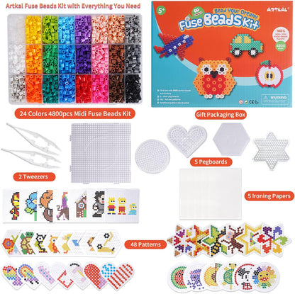 ARTKAL Fuse Beads Kit 4800pcs 24 Colors 5mm Iron Beads Kit with 5 Pegboards 55 Patterns 2 Tweezers 2 Ironing Paper, Great for Christmas Birthday