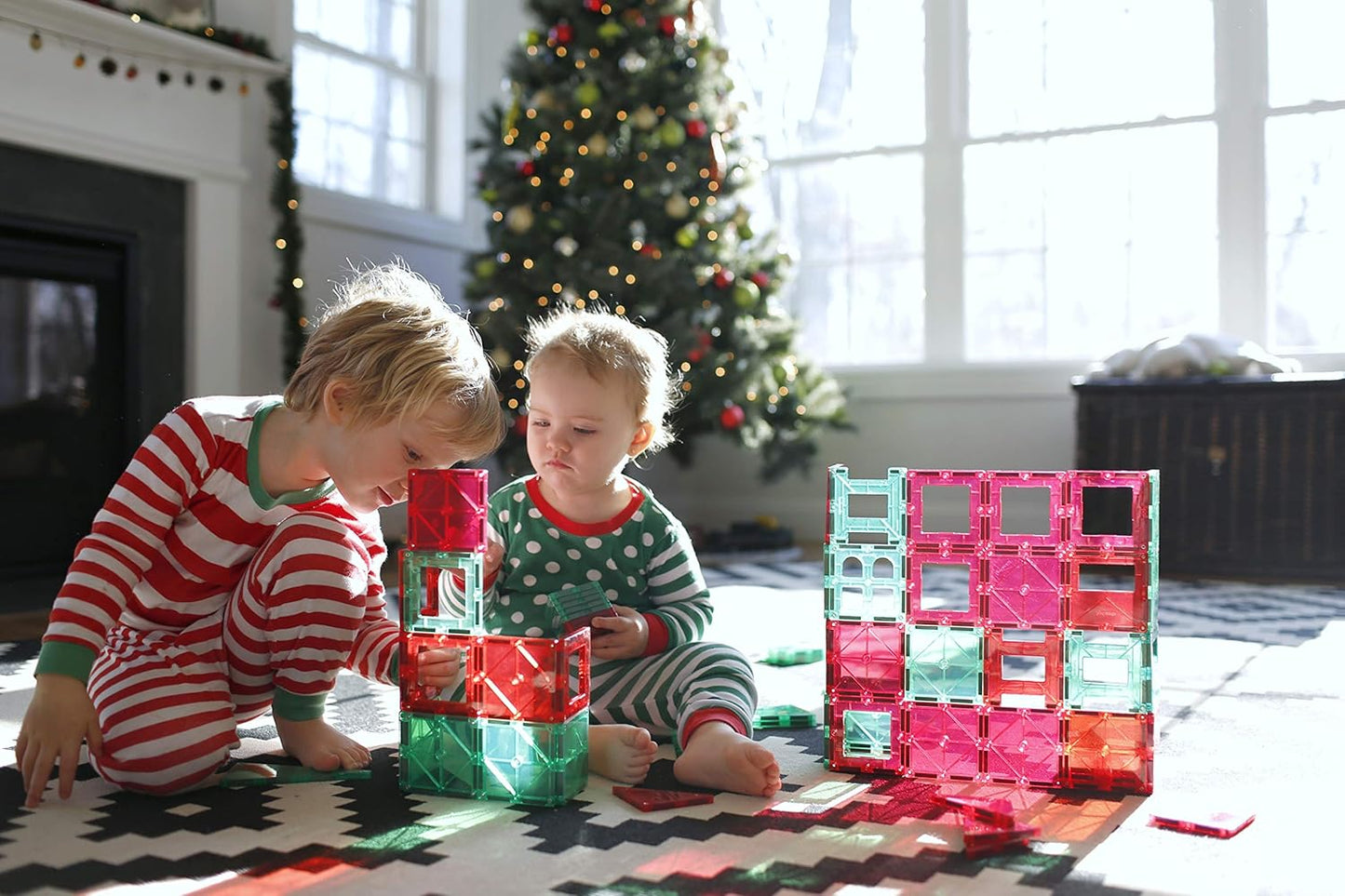Playmags Magnetic Tile Building Set: Exclusive Educational Clickins – 80-Pc. Kit: 40 Super Strong Clear Color Magnet Tiles Windows & 40 Letters & Numbers – Stimulate Creativity & Brain Development