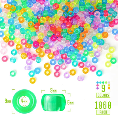 1000+pcs Glitter Pony Beads Bulk, Acrylic 9mm Large Plastic Bead for Bracelets Big Hole Hair Braids Crafts DIY Projects