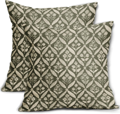 Blue Green Floral Block Print Pillow Covers 12X20 Set of 2, Flower Pattern Spring Summer Print Decorative Throw Pillow Covers Outdoor Farmhouse Seasonal Cushion Case Couch Sofa Bed Decor