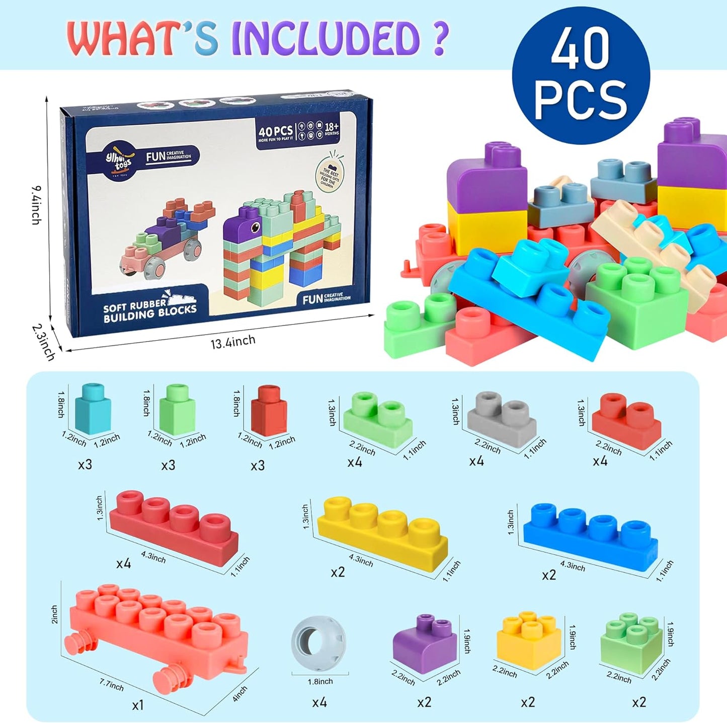 Soft Building Blocks for Toddlers, Large Building Blocks Stacking Blocks for Babies 6 Months and Up Stem Toddler Gifts, Teething Toys, 40 PCS