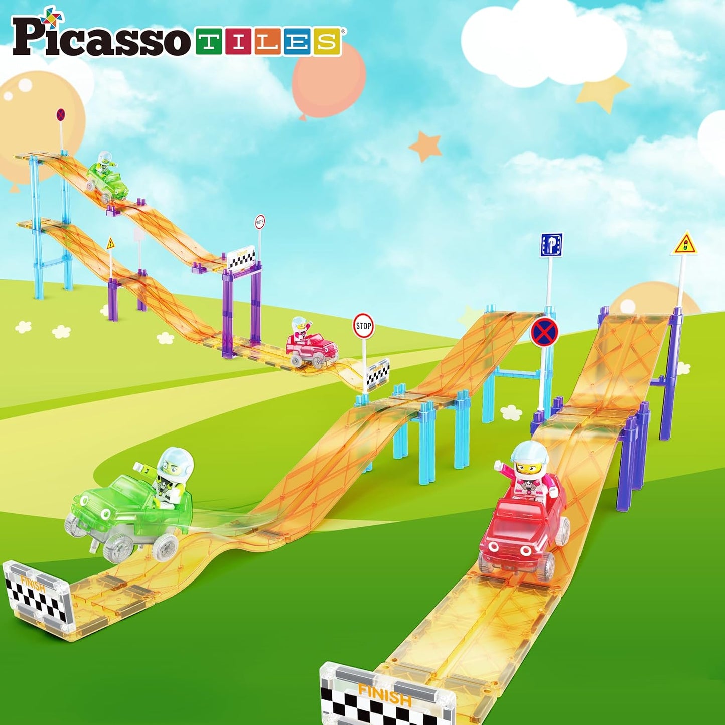 PicassoTiles 50pc Racecar Track Magnetic Tiles Educational Kids Toy with 2 Light Up Trucks STEM Preschool Learning Magnet Tile Toddler Toys Boys Girls Ages 3+ Blocks Game Puzzles Build Playset PTR50
