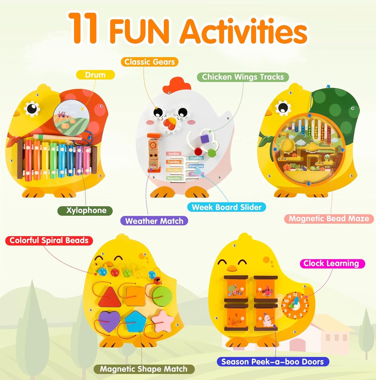 Train Activity Wall Busy Board Panels | 11-in-1 Wooden Sensory Wall Panel for Kids, Toddler Montessori Learning Activity Center, Perfect for Toddler Playroom Nursery Classroom Dentist Waiting Room