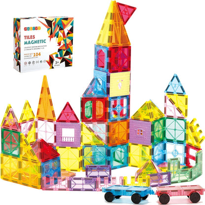 OugerToy 32-Pack Magnetic Tiles–Rainbow Builder Set, 2.95in STEM Construction Kit with Transparent Windows, Expand Creative Play for Kids