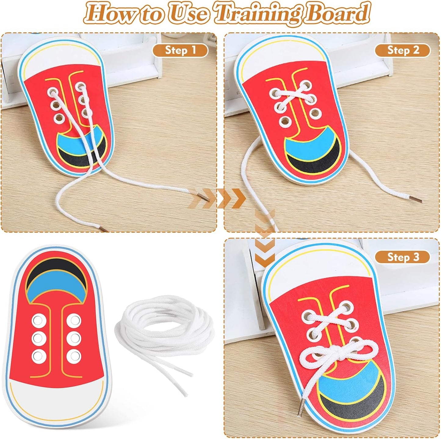 Wooden Red Shoe Tying Practice for Kids, How to Tie Your Shoes for Kids Threading Lacing Shoes Training, Learn to Tie Your Shoes Developmental Toys