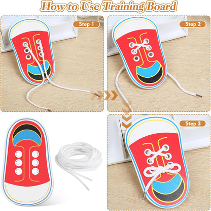 Wooden Red Shoe Tying Practice for Kids, How to Tie Your Shoes for Kids Threading Lacing Shoes Training, Learn to Tie Your Shoes Developmental Toys