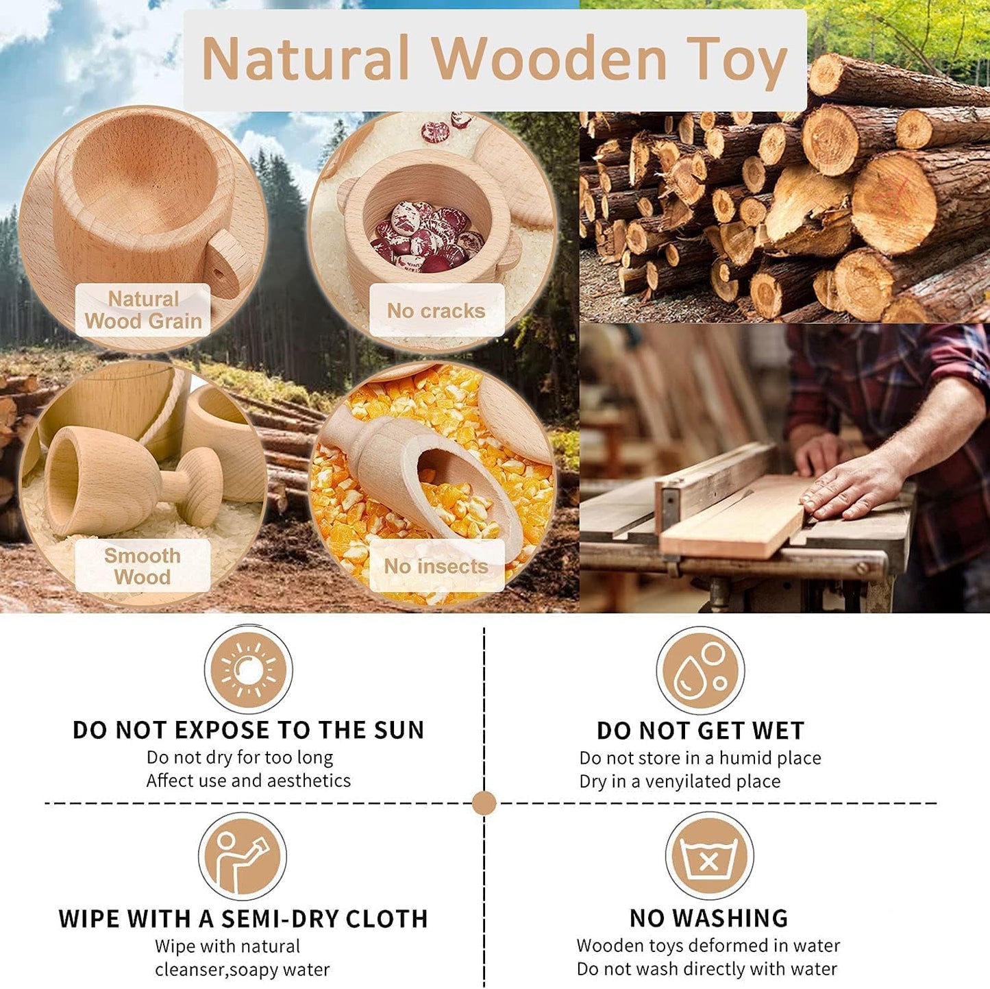 Montessori Sensory Bin Toys for 1 Year Old Toddlers, 11pcs Wooden Waldorf Toys - Wooden Scoops and Tongs for Transfer Work and Fine Motor Skills Development