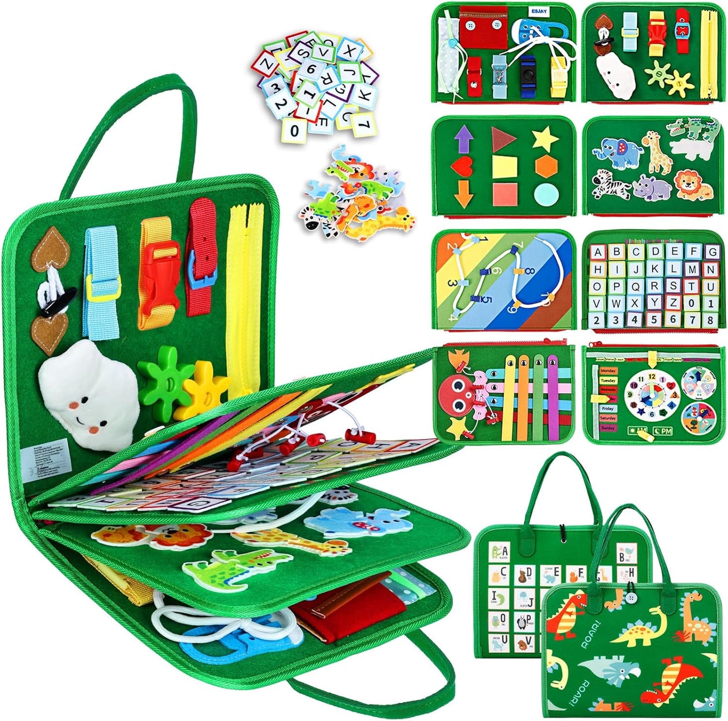 Esjay Toddler Busy Board Montessori Toys for Boys Girls, Sensory Book Educational Activities for Learning Fine Motor Skills, Birthday Gifts for Toddlers, Travel Toys for Airplane Car, White Dinosaur