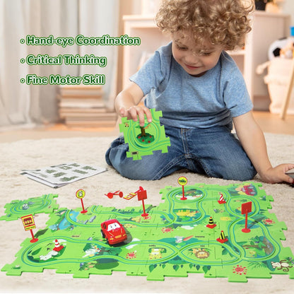 Plastic Floor Puzzles for Kids Ages 3-5, Puzzle Track Car Play Set, Educational Montessori Toys for 3 4 5 6 Year Old Boys, 3 4 5 6 Year Old Boy Birthday Gift, Boy Toys Age 3