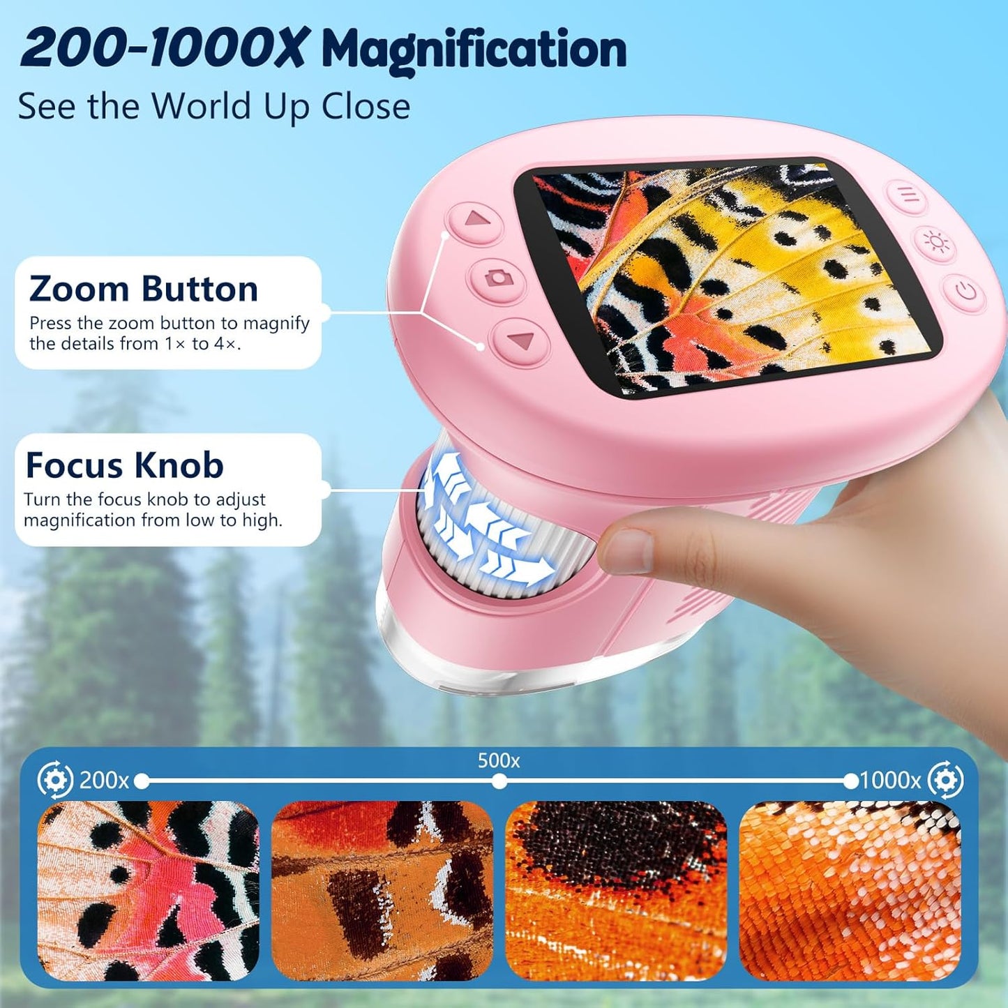 Odatay 4K 1000X Digital Microscope for Kids with Long Distance Viewing & 2.4" Screen, Portable Handheld Edu Toys for Kids Age 3-12 Exploring Bugs Plants at Home Classroom & Outdoor Travel, Yellow