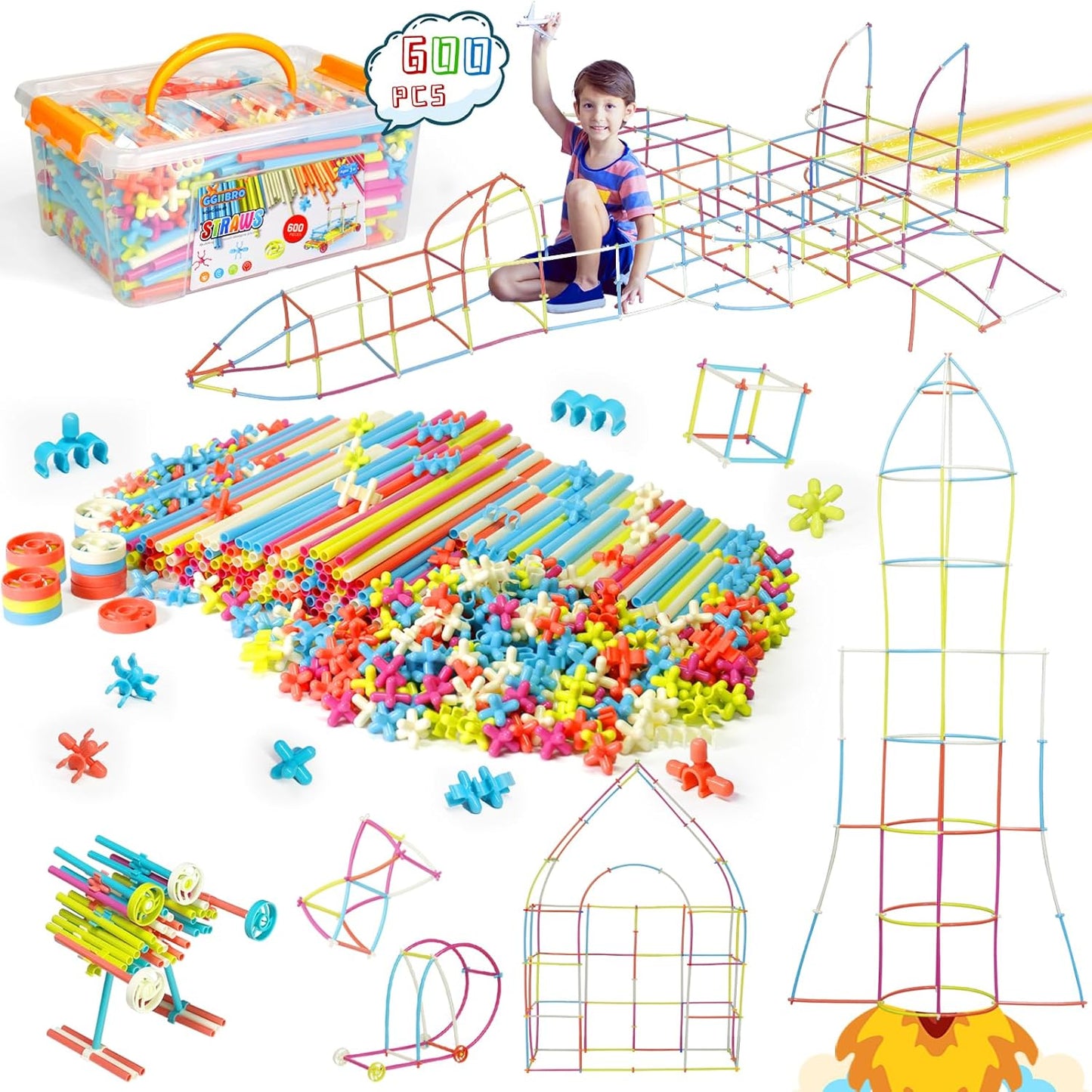 Ggiibro Straw Constructor Toys 600Pcs STEM Building Toy Interlocking Plastic Engineering Thin Tube Blocks Educational Kit for 3 4 5 6 7years Kids Boys and Girls Gift Preschool Toy with Storage Box