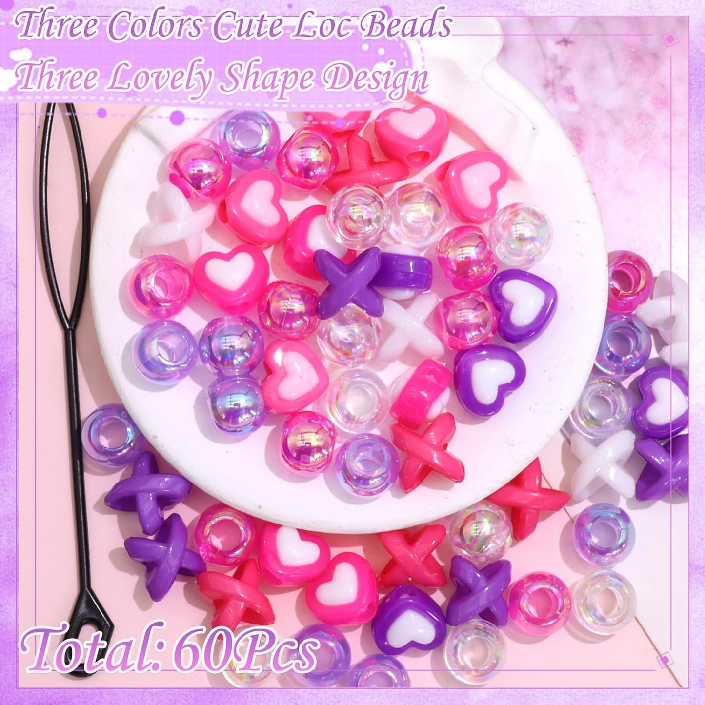 60PCS Pink White Hair Beads for Braids Three Styles Cute Loc Beads Heart Shape Bead for Kids Dreadlock AB Color Round Pony Bead Accessories