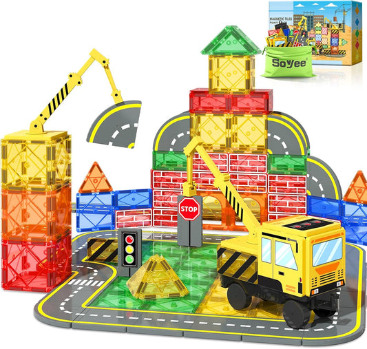 Soyee Magnetic Tiles Magnetic Construction Toys with 2 Cranes Boys Toys for Ages 3-5 5-7 Magnet Building Blocks Chritmas Gifts Boys Sensory Autism Montessori Toys Gift for 3+ Year Old