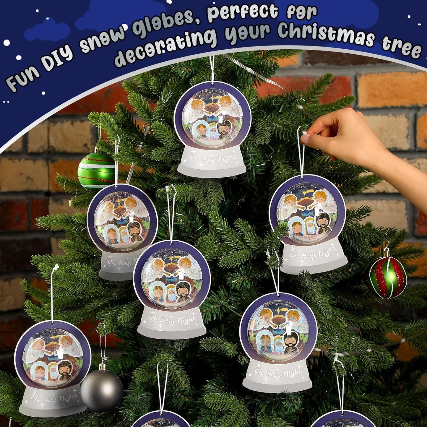 Threehoney 24 Pack Easter Nativity Craft Kit for Kids Toddler Jesus Birth Advent DIY Snow Globe Hanging Ornament with Glitter Sequin Paper Religious Holiday Classroom Decor(Joy,Silver)