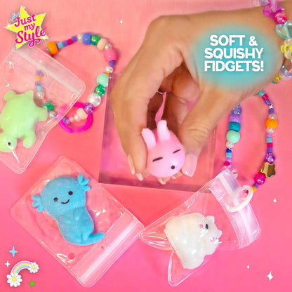 Just My Style Squishy Charms, Create 5 Squishy Bag Charms, Necklaces, Friendship Bracelets with Kawaii TPR Squishies in Pouches & Beads for Jewelry Making, Unique Jewelry Making Kit, Gifts for Girls