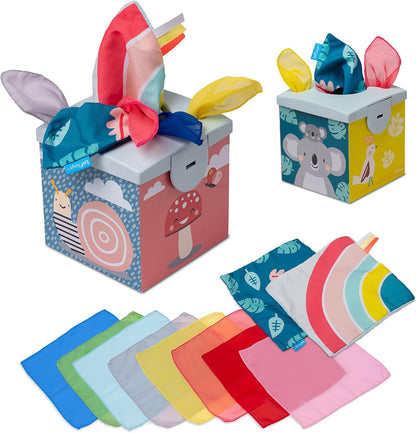 Taf Toys Baby Tissue Box Toy Silicone Baby Toys 6-12 Months Montessori Toys Sensory Activity & 10 Tissues for Fine Motor Development Soft Interactive Silicone Learning Cube for 1 Year Old Toddlers