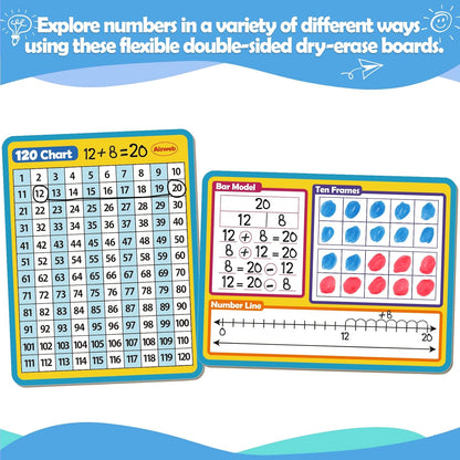 Aizweb 12 Pack Dry Erase Board Card,9" x 12" Small Whiteboard Number Line 120 Numbers Chart Ten Frame,Math Manipulatives Addition Subtraction Game for Student Classroom Must Haves Teacher Supplies