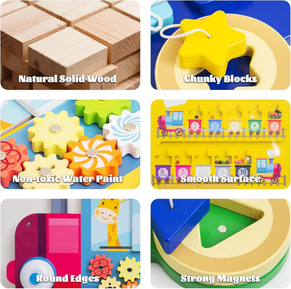 Train Activity Wall Busy Board,Wooden Busy Board Train Activity Wall Panels,Montessori Sensory Wall Toys Panel for Kids, Learning Activity Center for Playroom,3 Years Old and Over