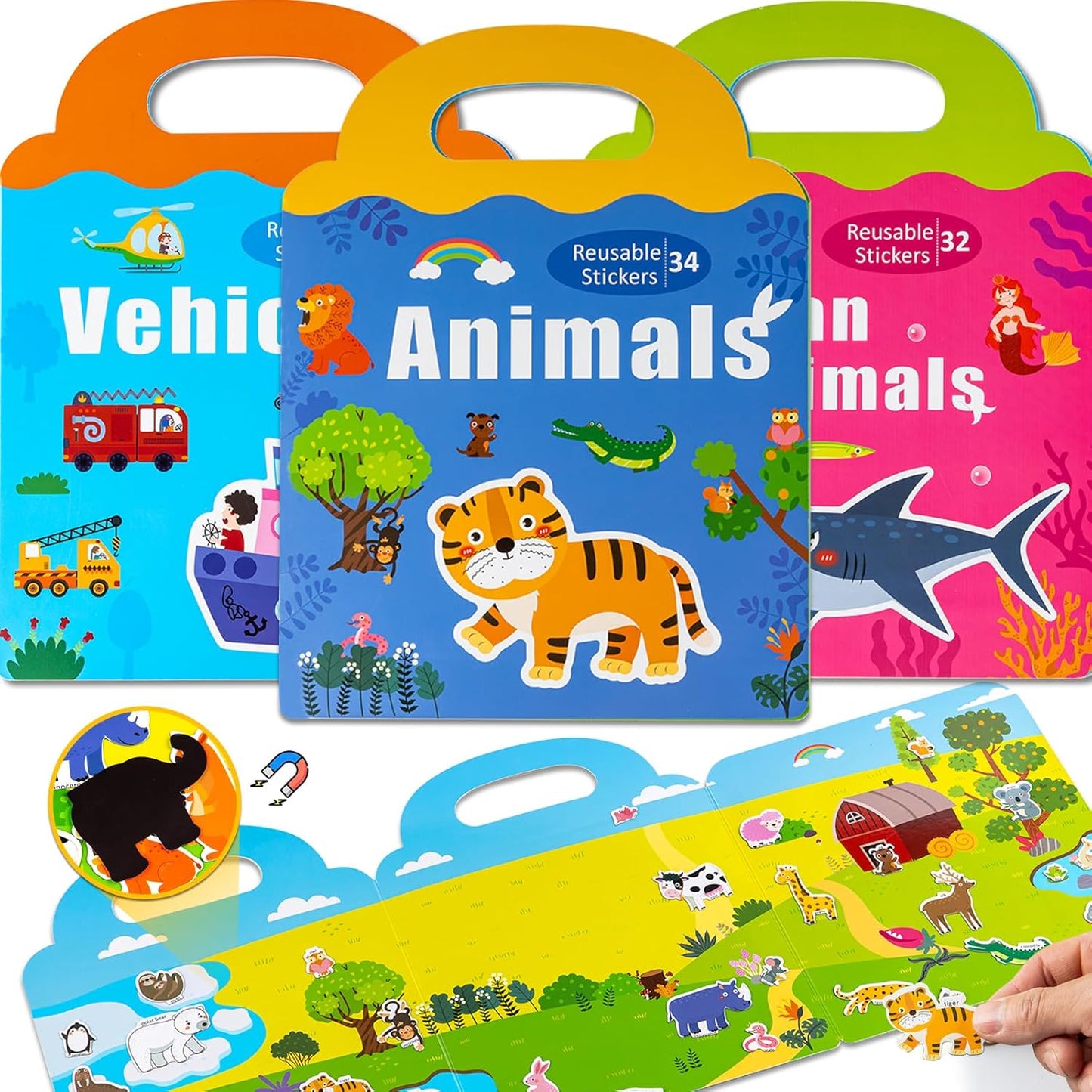 Magnetic Playset Portable Playboard, Cute Farmhouse Animal Reusable Magnets Sticker Books for Toddlers 3-5 Years, 34 PCS Refrigerator Magnets for Kids Girls Boys Perfect Preschool Learning Travel Toy