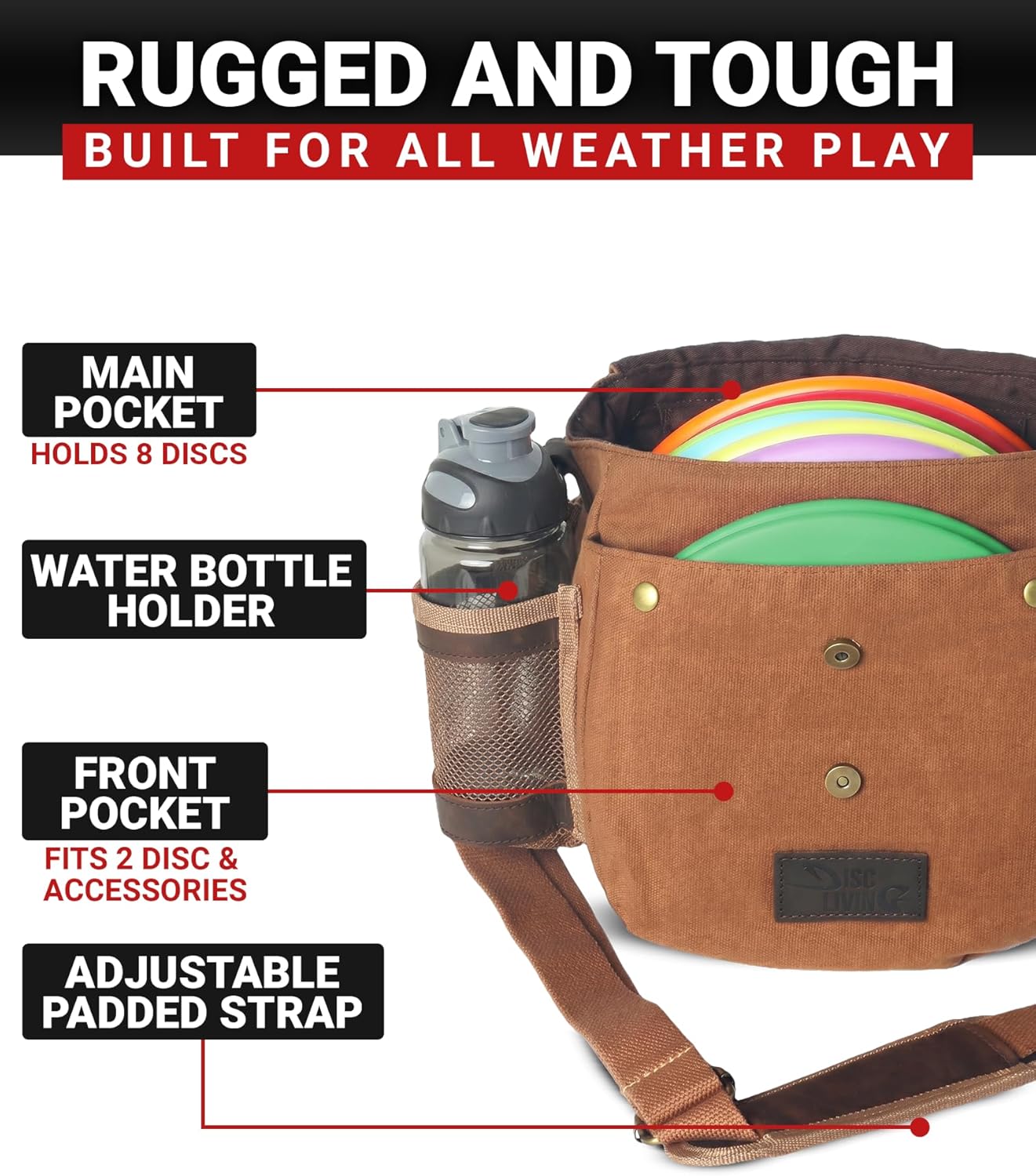 Disc Golf Bag | Frisbee Golf Bag | Easy to Carry | Lightweight Fits Up to 10 Discs | 16 oz Waxed Canvas Sturdy Design | Belt Loop | Double Button Design | Bottle Holder