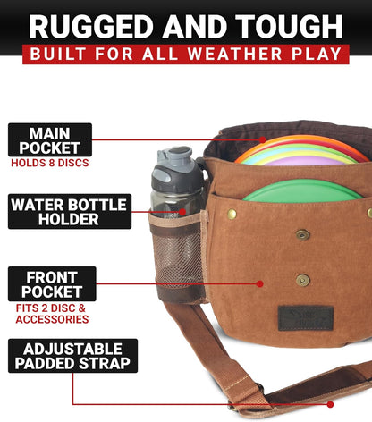 Disc Golf Bag | Frisbee Golf Bag | Easy to Carry | Lightweight Fits Up to 10 Discs | 16 oz Waxed Canvas Sturdy Design | Belt Loop | Double Button Design | Bottle Holder
