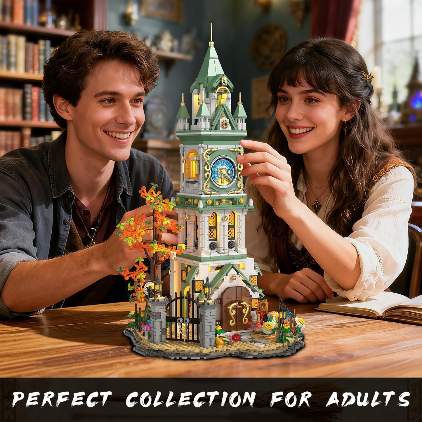 INSOON Magic Clock Tower Building Set with Light, 1566 PCS Big Medieval Castle House Construction Model with Owl & Garden, Home Decor Building Block Kit, Gift for Mothers Adults Teens Boys Girls 12+