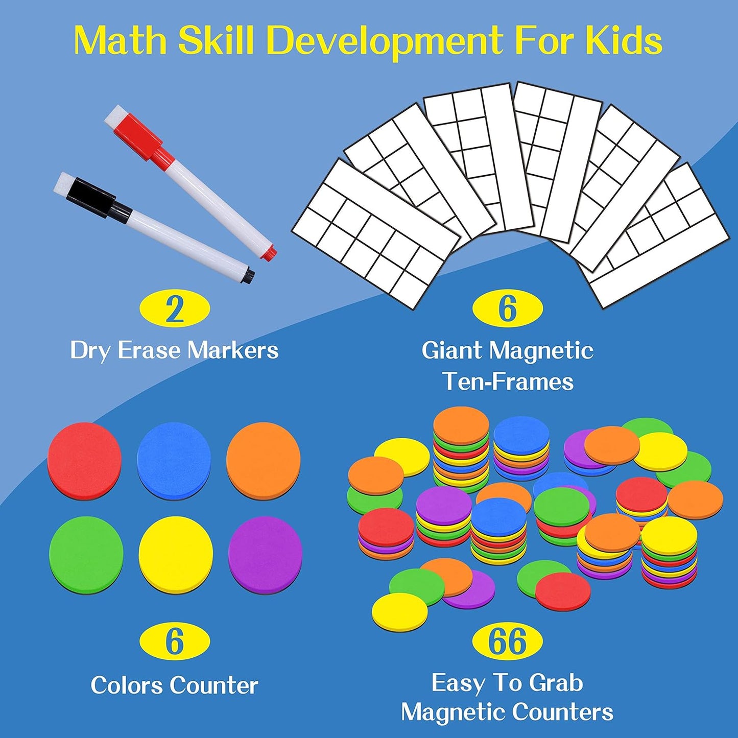 Magnetic Ten-Frame Set, 6 Frames & 66 Colorful Star-Shaped Counters Ten Frame Math Games Manipulative Counting Toys for Kindergarten Preschool, 6 Colors & 2 Markers (Fridge & Hand-held)