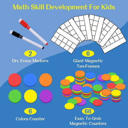 Magnetic Ten-Frame Set, 6 Frames & 66 Colorful Star-Shaped Counters Ten Frame Math Games Manipulative Counting Toys for Kindergarten Preschool, 6 Colors & 2 Markers (Fridge & Hand-held)
