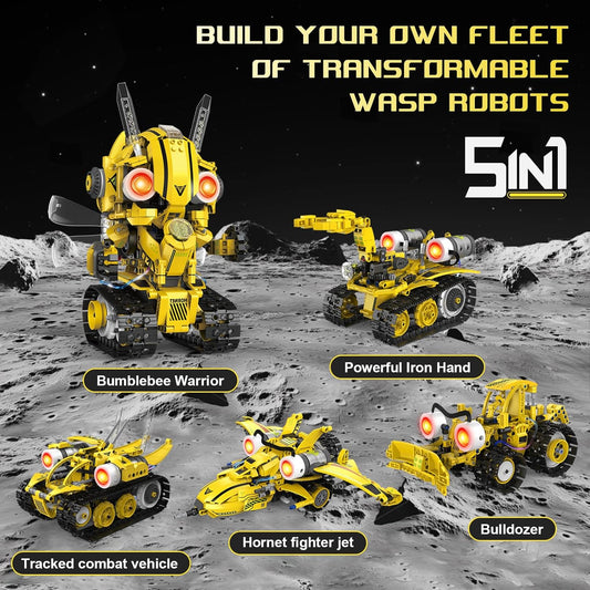 5-in-1 Remote Control STEM Robot Building Kit with LED Light – Transformable Models, Eco-Friendly Rechargeable, App-Controlled, Engineering Toy for Kids 6+ (673PCS)