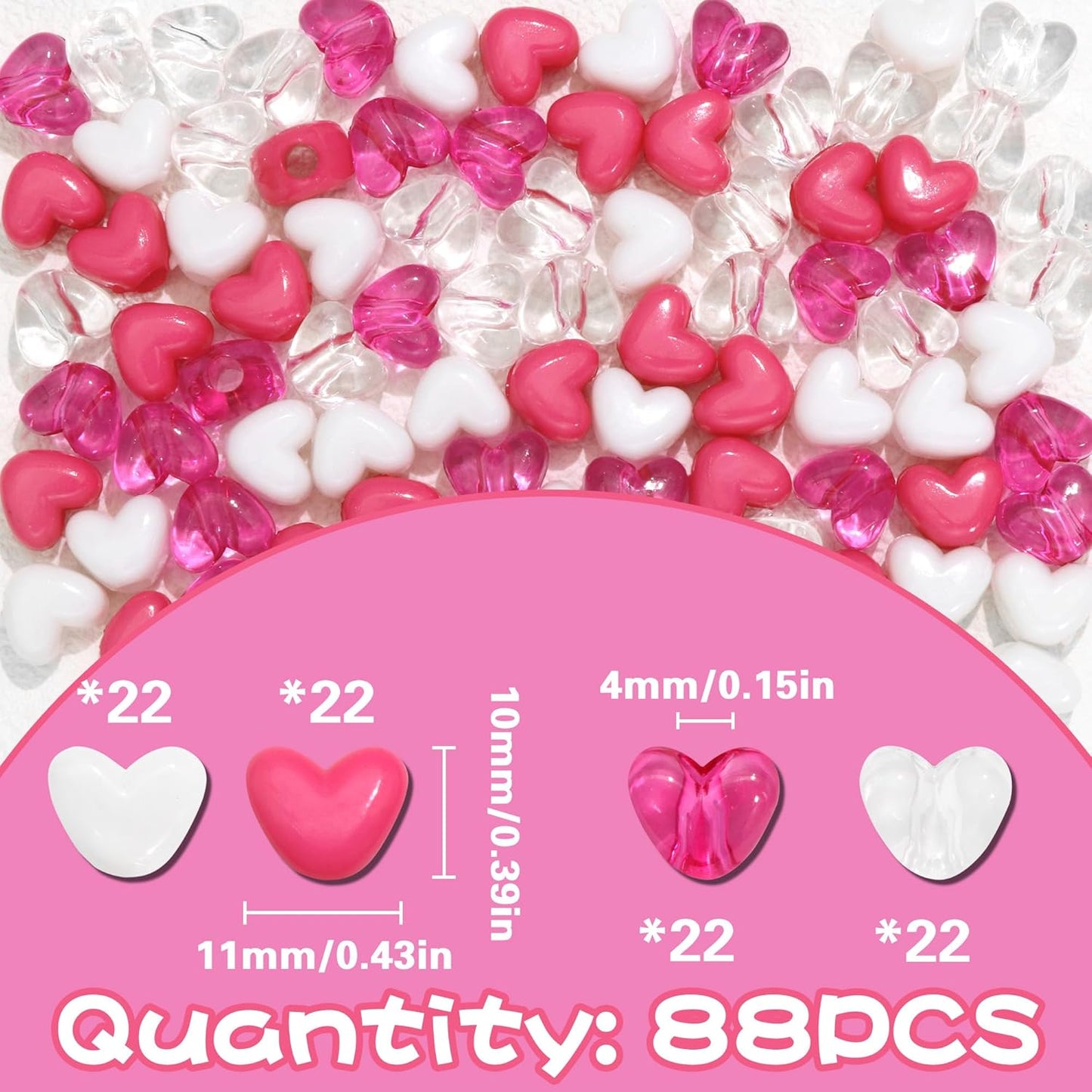 88PCS Pink White Hair Beads for Braids Lovely Heart Shape Loc Dreadlock Valentine's Day Bead Accessories Cute Acrylic Small Pony Beads for Kids Girls