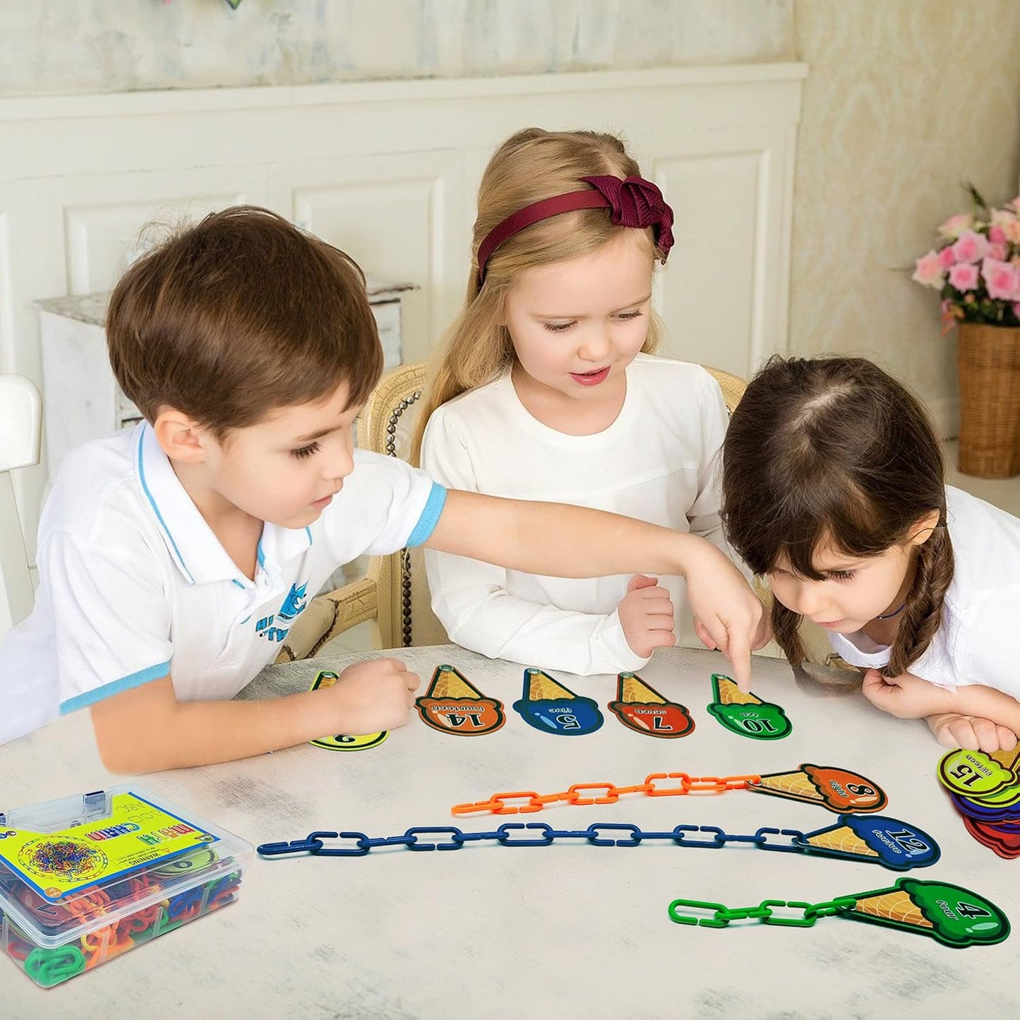 RAINBOW TOYFROG Chain Link Math Manipulatives - 240 C Clips Plastic Chain Links & 20 Ice Cream Cards for Counting & Linked Math Game - Learning Resources for Kindergarten Sensory