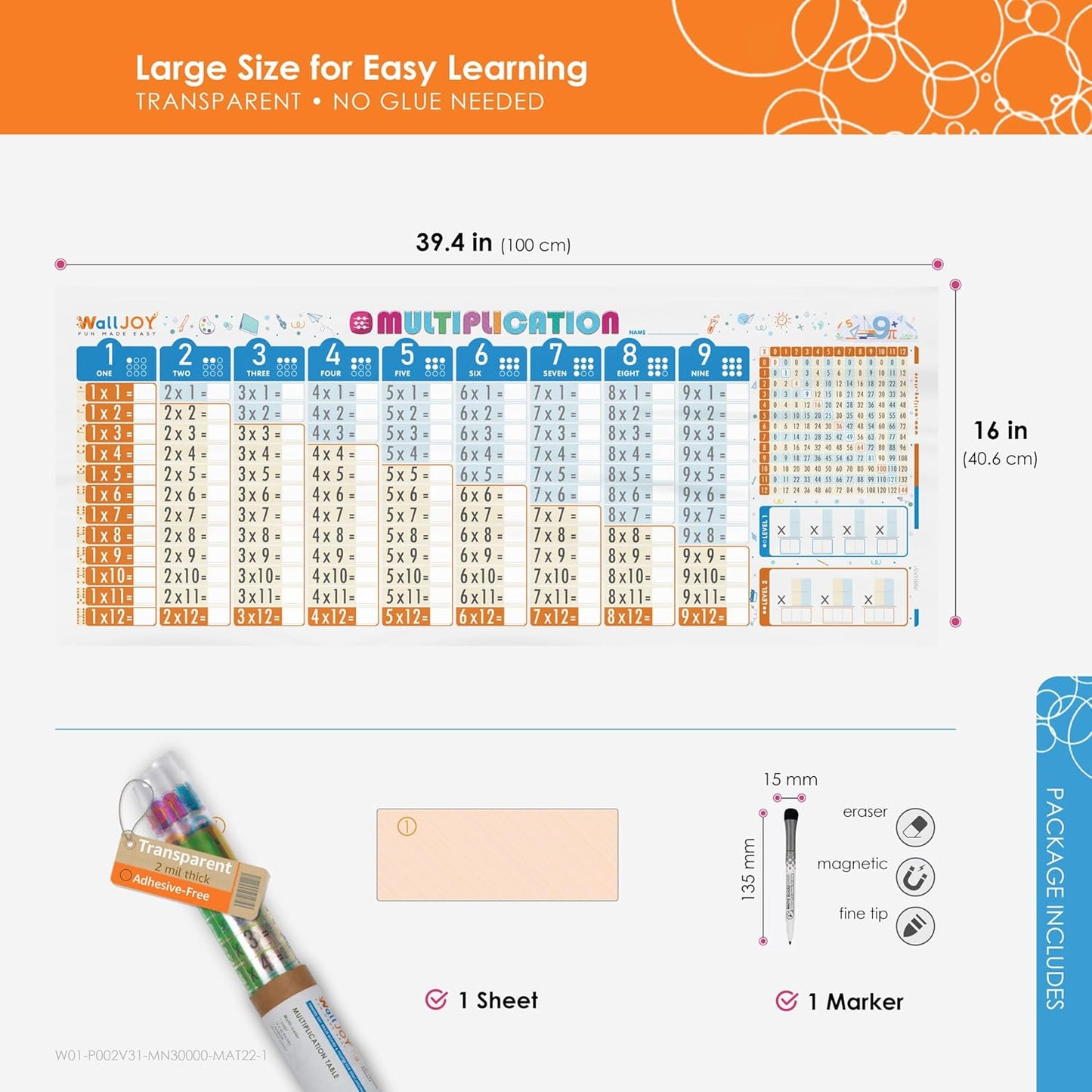 Large Dry Erase Multiplication Chart – 39.4x16” Clear Times Table Chart, Reusable Write & Wipe Multiplication Table Chart, Educational Dry Erase Color Multiplication for Kids, Sticks to Any Surface
