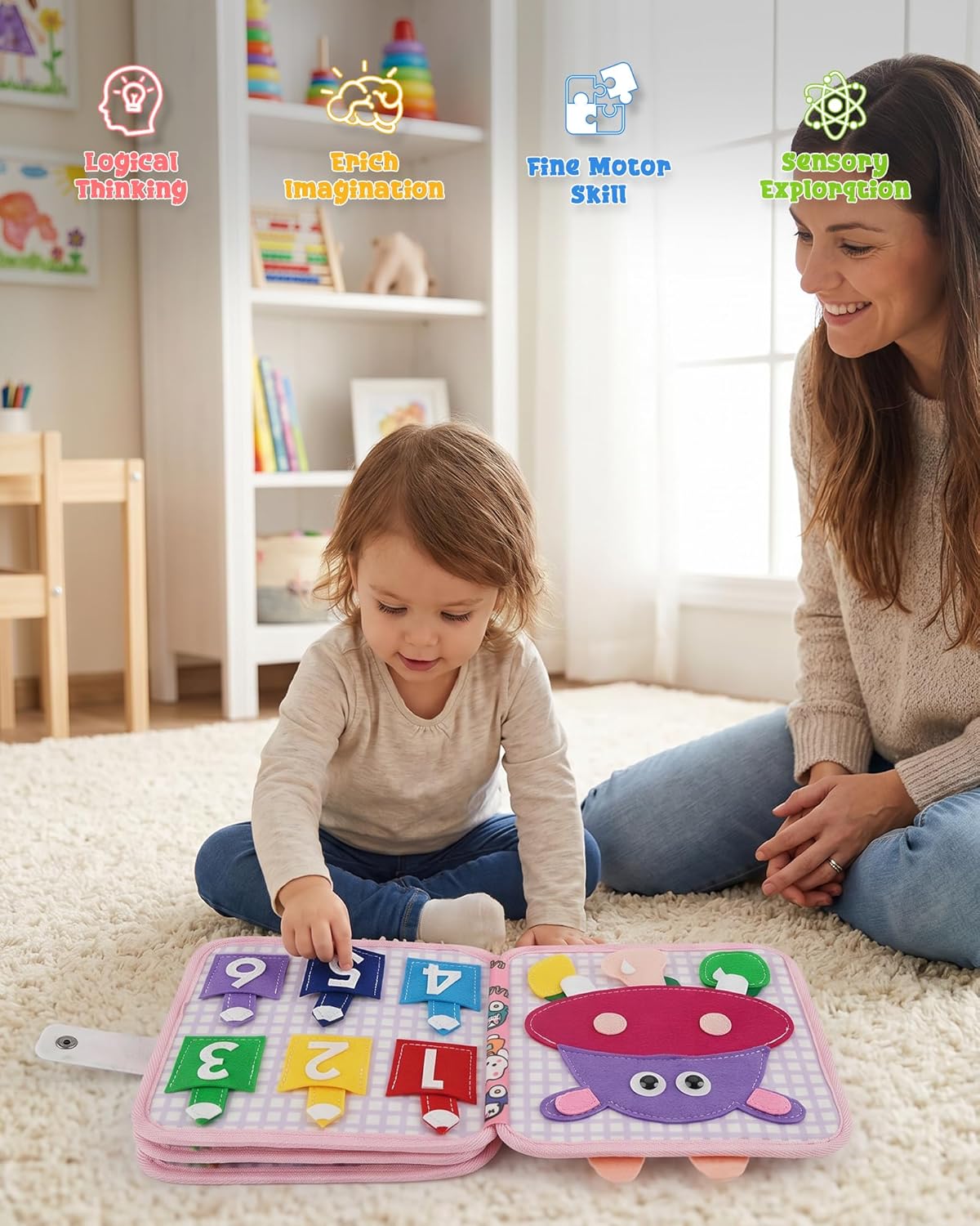 Montessori Busy Book for Toddlers, 8-Page Sensory Activity Book for Fine Motor Skills & Basic Dress Learning, Portable Travel Toy for Preschool Kids, Birthday Gift for Boys and Girls (Blue)