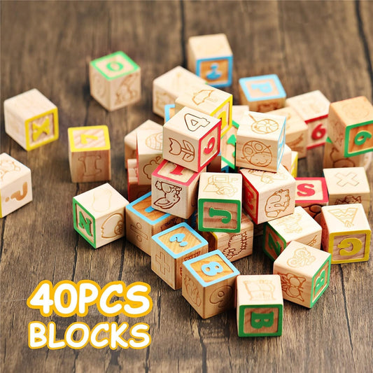 SainSmart Jr. Wooden Alphabet Blocks 1.73 Inch, 30Pcs Building Blocks Including Letters, Numbers and Animals, Montessori Wooden Blocks for Preschool Toddlers