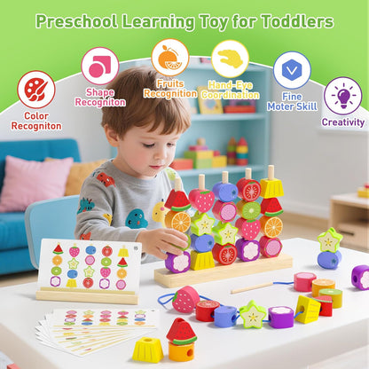Melofaver Montessori Toys for 3 4 5 Year Old, Wooden Fruit Toddler Stacking Toys, Stacking Blocks & Lacing Beads & Shape Sorter Toy for Toddler, STEM Preschool Learning Toys for Kids Boys Girls