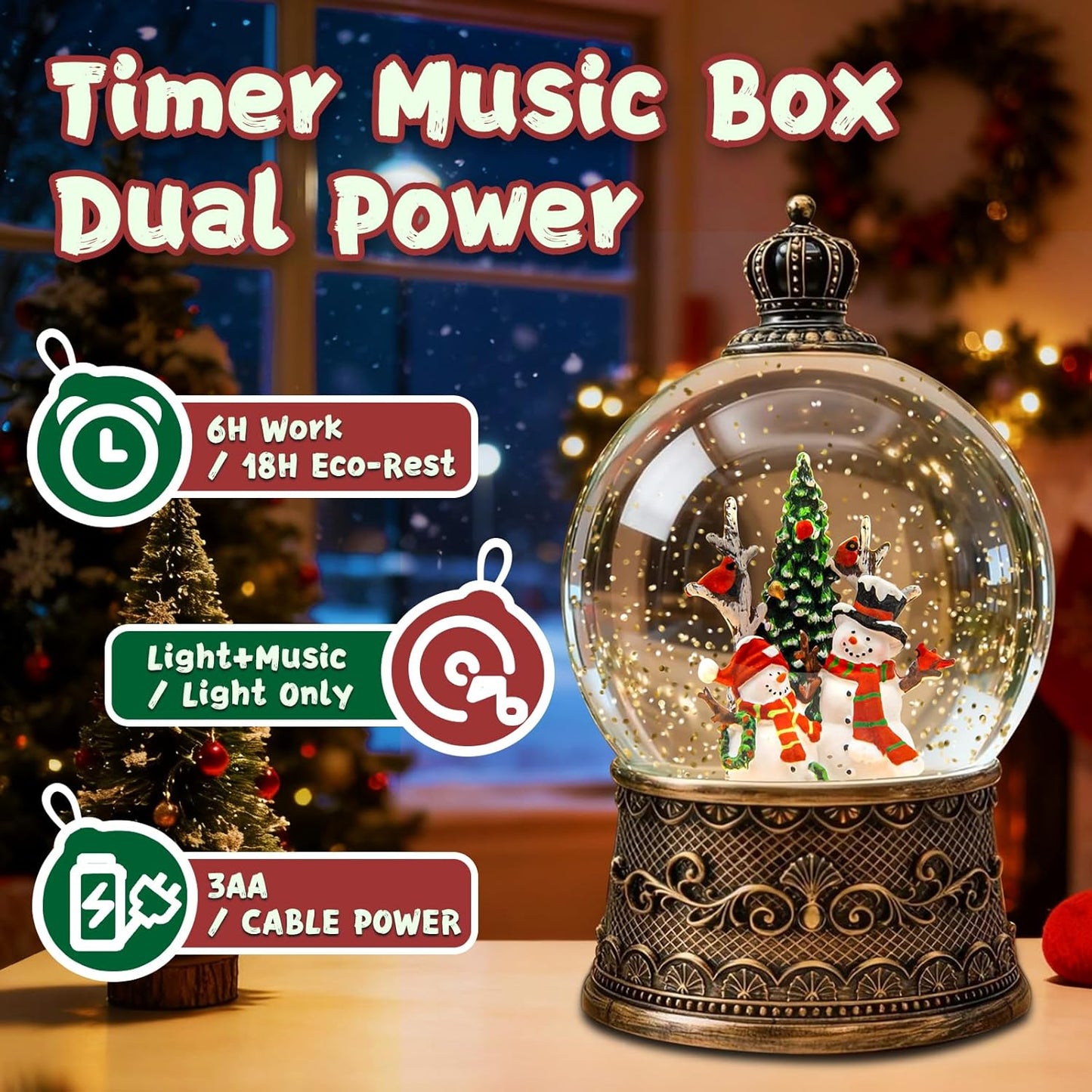 Christmas Snow Globes Lantern, Church and Christmas Tree Christmas Decorations Indoor, 6H Timer Battery & USB Powered Light Up Musical Snow Globes for Kids Women Adults Gift Thanksgiving Home Decor