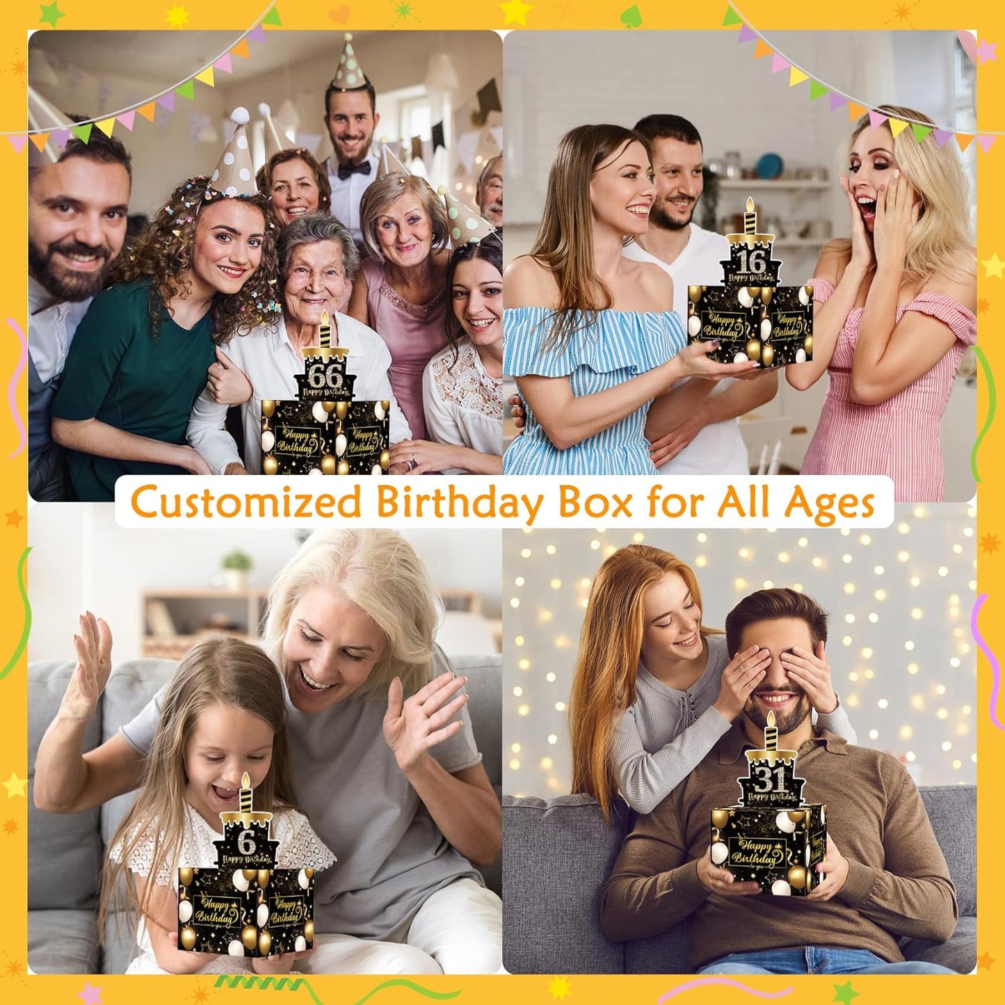 Birthday Money Box for Cash Gift Pull, Surprise Gift Boxes for Money, Money Holder Box with Pull Out Happy Birthday Card and 50Pcs Transparent Bags, Money Gift Ideas for Kids and Adults