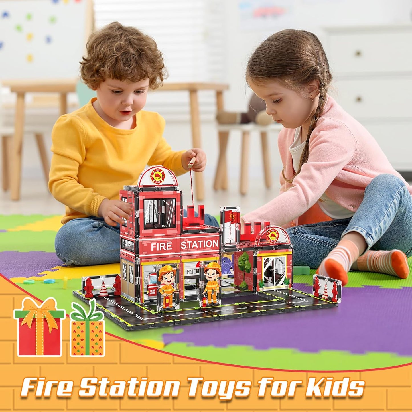 AFUNX Magnetic Tiles, 50PCS Police Station Theme Building Blocks Set, Magnet Building Blocks and STEM Preschool Toys for Toddlers Kids Ages 3-5 5-7 8-10