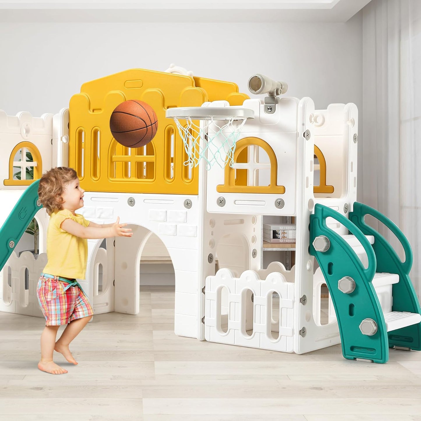 Garvee Toddler Slide 8 in 1 Toddler Playset for Toddlers Age 1-3, Baby Playset for Indoor Outdoor Playground with Climber, Crawling Tunnel, Basketball Hoop, Telescope, Toy Storage
