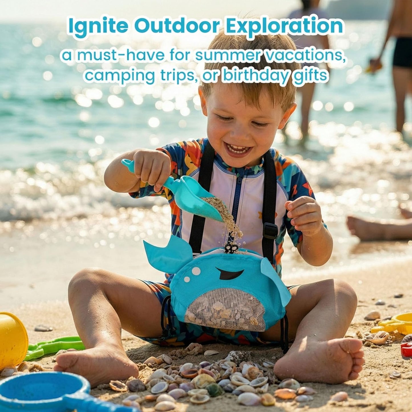 AMOR PRESENT Mesh Baby Beach Bag, Shell Collecting Bag with Shovel Crab-Shaped Adjustable Strap for Holding Shell Sea Pool Sand Toy, Blue