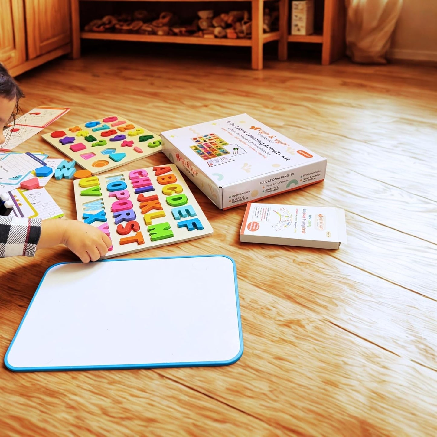 Wooden Puzzles for Toddlers 3-5 | Alphabet Number Shape Montessori Learning Toys | Magnetic Whiteboard, Flashcards & Markers | Preschool Educational 5-in-1 Learning Kit | VYN & VYN (Rainbow)