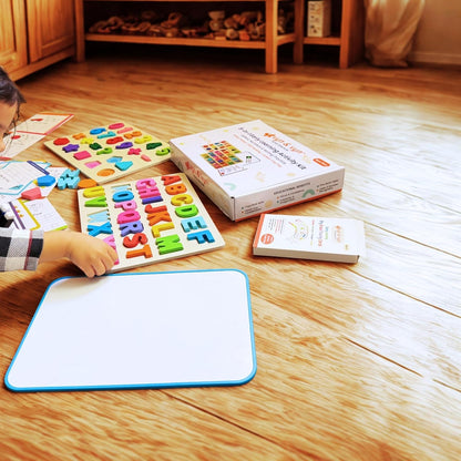 Wooden Puzzles for Toddlers 3-5 | Alphabet Number Shape Montessori Learning Toys | Magnetic Whiteboard, Flashcards & Markers | Preschool Educational 5-in-1 Learning Kit | VYN & VYN (Rainbow)