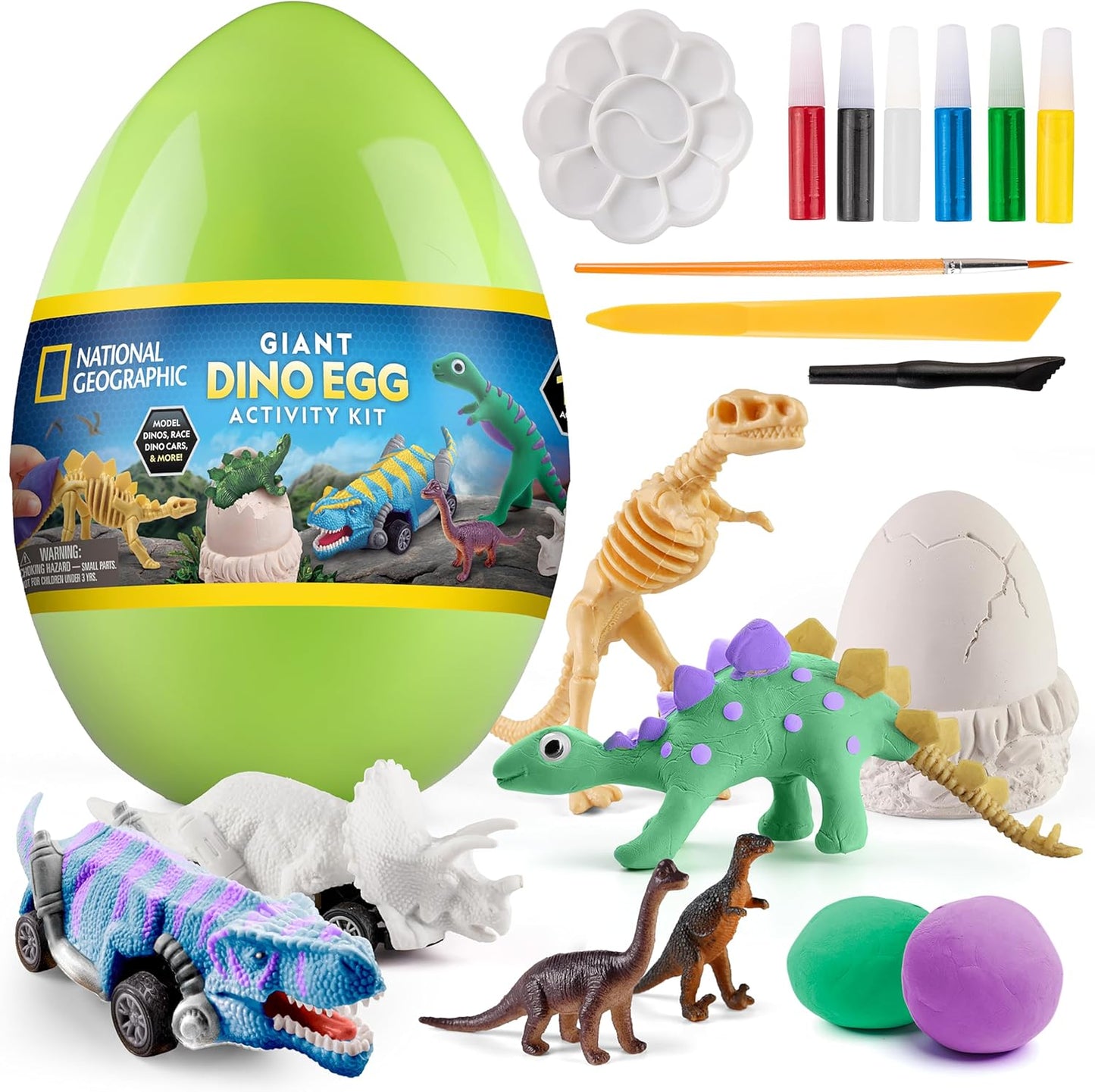 National Geographic Giant Dinosaur Egg Activity Kit – 15+ Dino Crafts, Painting Cars, Clay Models, Dig Brick, Stickers & Learning Guide, Dinosaur Science Toy for Boys & Girls