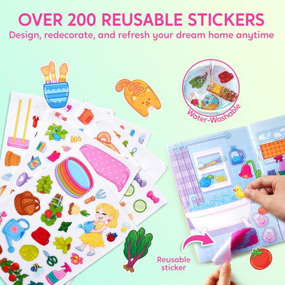 JOVA Klever Kits Reusable Sticker Book for Kids, My Dream Home 4 Play Scenes with 200+ Washable Stickers Plane Activity for Toddler Aged 3 4 5 6 7 8 Girls and Boys Birthday Gift