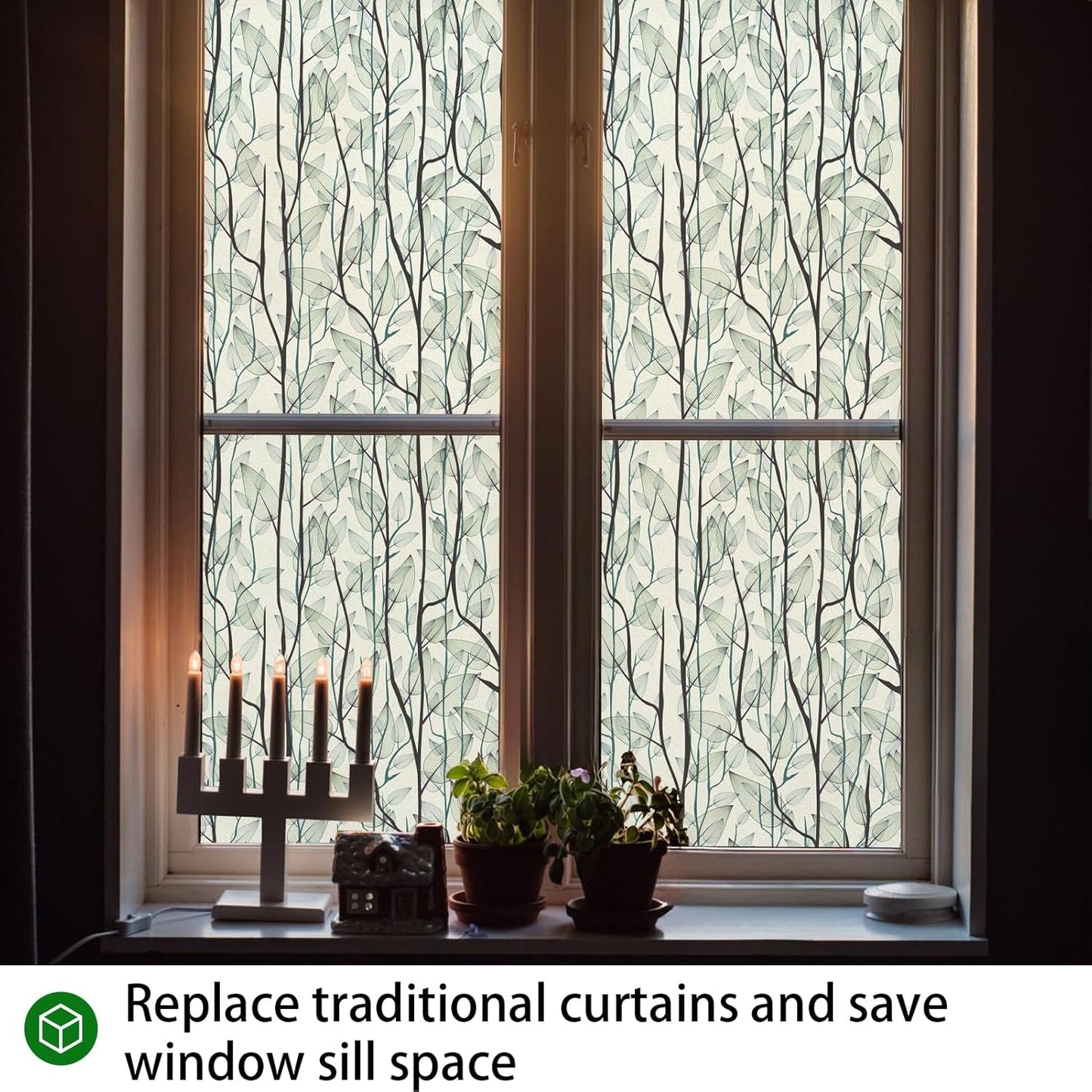 Leaf Pattern Window Tint with Installation Tools, Blackout Window Cover, Sun Blocking Window Tint for Home (Full Blackout Opaque, 17.7'' x 78.7'')