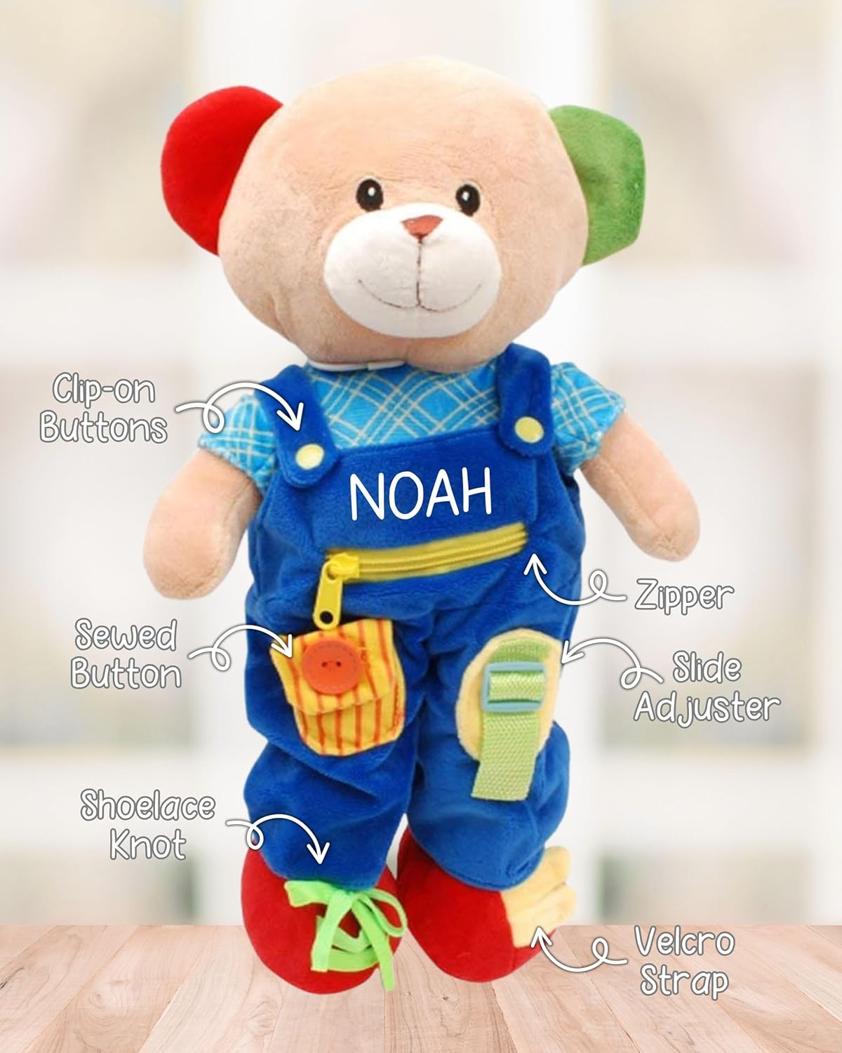Linzy Personalized 16’’ Soft Educational Teddy Bear with Removable Outfit – Plush Learning Toy with Buttons Zippers Snaps for Toddlers Kids – Fine Motor Skills, Problem Solving Practice