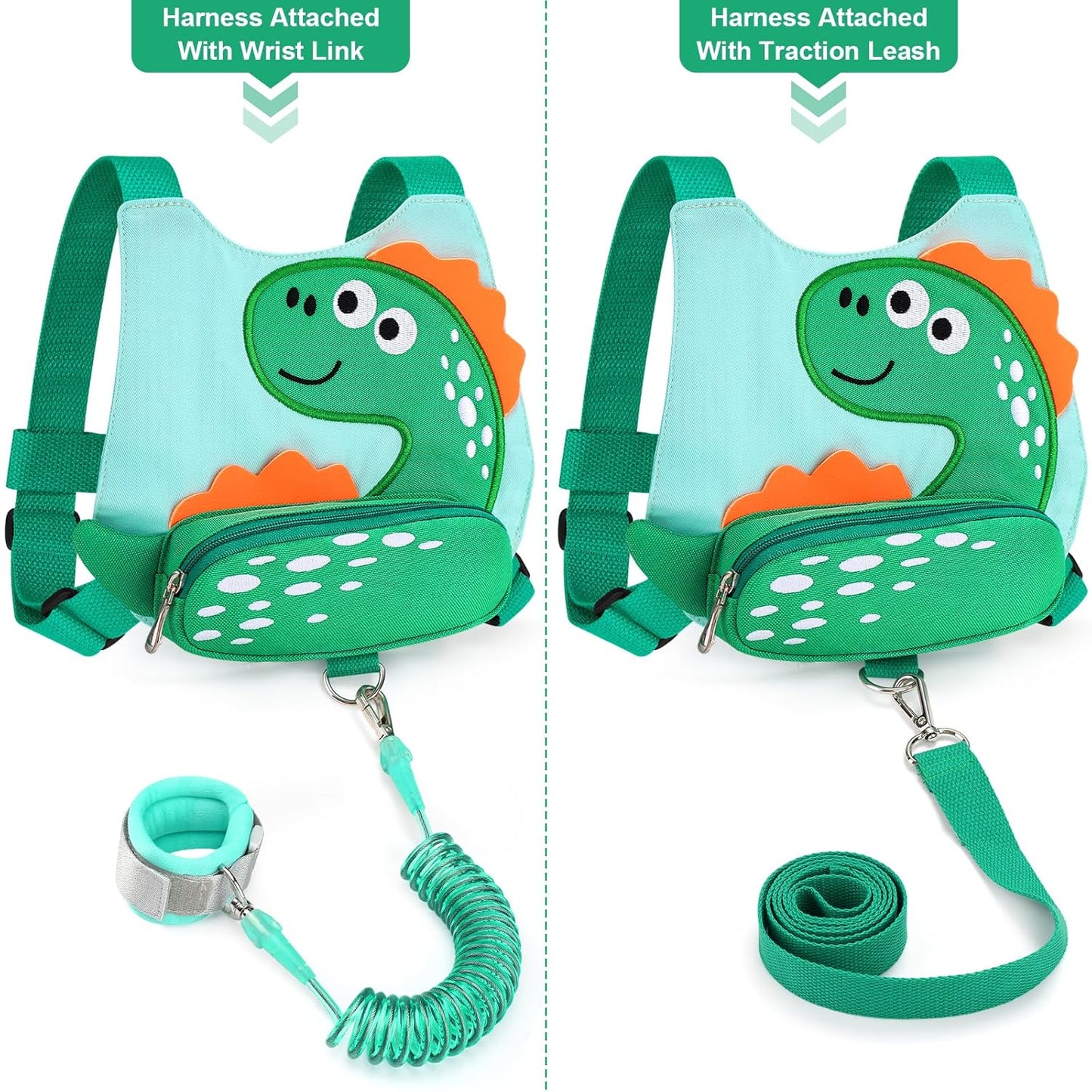 3 in 1 Toddler Harness Leash + Baby Anti Lost Wrist Link, Accmor Cute Dinosaur Child Safety Harness Tether, Kids Walking Wristband Assistant Strap Belt for Parent Boys Outdoor Activity (Black)