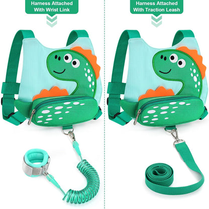 3 in 1 Toddler Harness Leash + Baby Anti Lost Wrist Link, Accmor Cute Dinosaur Child Safety Harness Tether, Kids Walking Wristband Assistant Strap Belt for Parent Boys Outdoor Activity (Black)