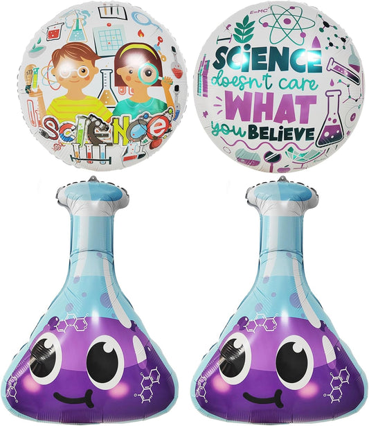 Science Party Decorations for Kids | 4 Pack STEM Foil Balloons with Lab Beaker and Science Icons | Educational Birthday Party Supplies for Classroom and Mad Scientist Theme