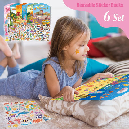 2 Set Reusable Sticker Books for Toddlers 2-4 Years, Puffy Reusable Sticker Activity Book for Kids Toddlers 1-3 Girls Boys Birthday Gifts Include Vehicles&Dinosaur